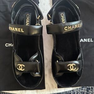 Limited Edition Chanel Black Shiny Calfskin Leather Sandals Size 39